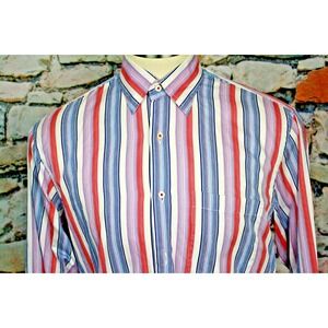 ROBERT TALBOTT Carmel Shirt Blue Red Fashion Stripe Cotton Hidden Button Down M